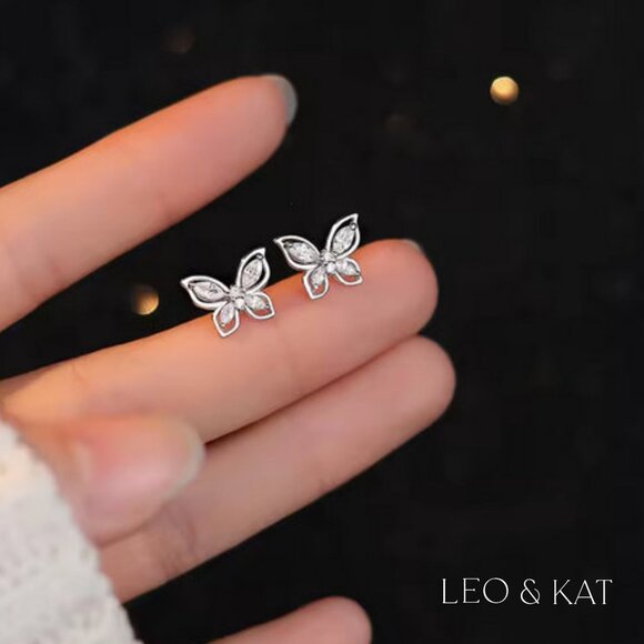Zircon Butterfly Stud Earrings in Gold and Silver. 925 Sterling Silver. #1031 - Picture 1 of 5